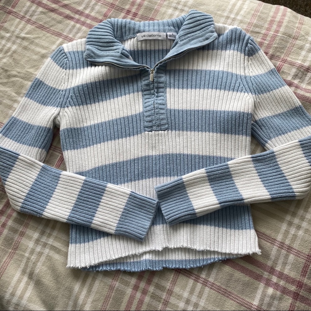 Blue and white striped quarter zip